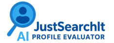JustSearchIt logo with magnifying glass icon and AI Profile Evaluator tagline